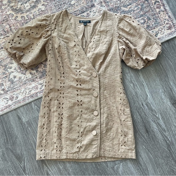 INC Brown Eyelet Puff Sleeve Mini Wrap Dress - Picture 2 of 11